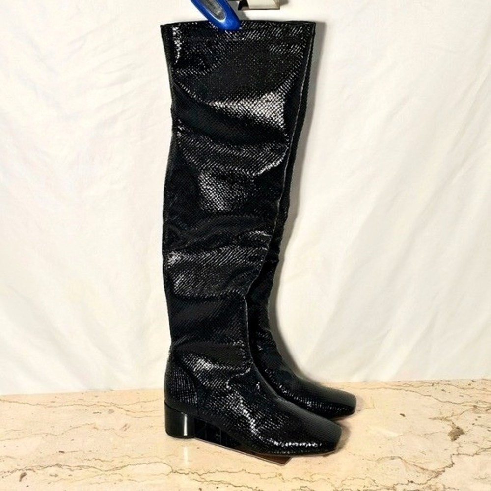 Franco Sarto Black Gloss Snake Print Over-The-Knee Boots